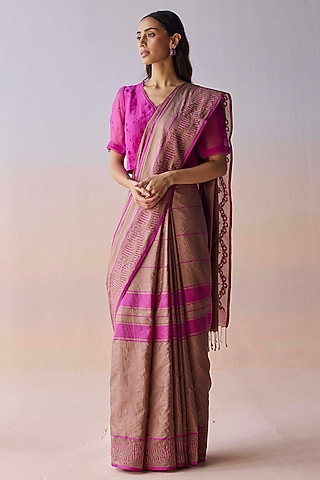Brown & Pink Handwoven Organza Mulberry Silk Striped Saree by Surmaye
