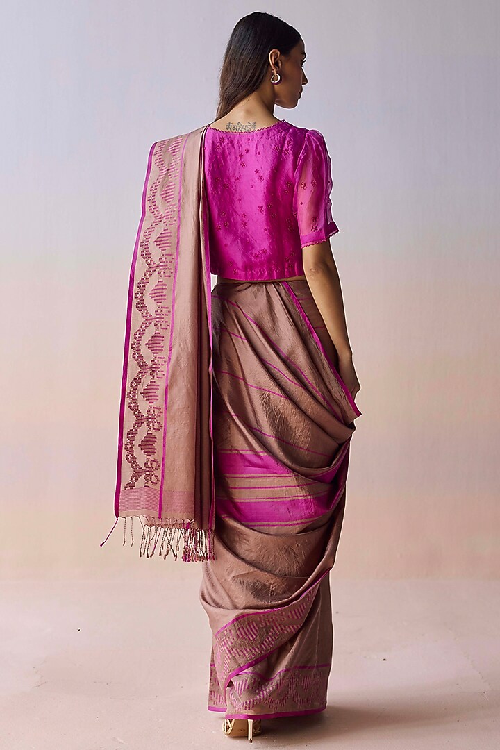 Brown & Pink Handwoven Organza Mulberry Silk Striped Wedding Saree by Surmaye at Pernia's Pop Up Shop