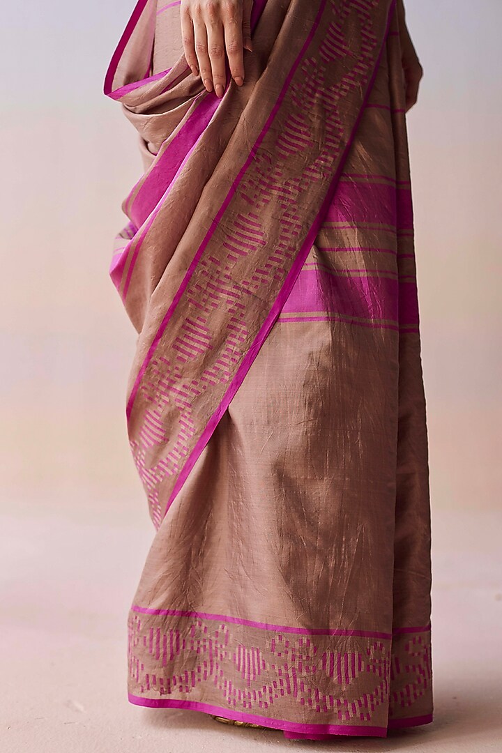 Brown & Pink Handwoven Organza Mulberry Silk Striped Wedding Saree by Surmaye at Pernia's Pop Up Shop