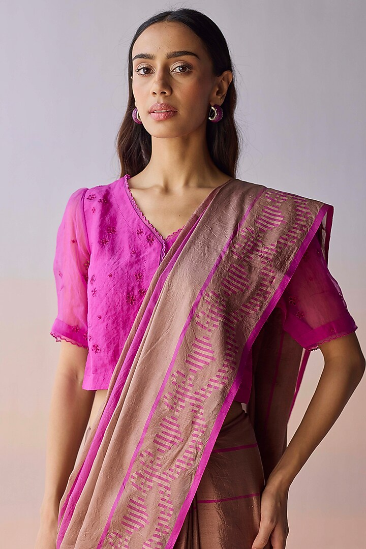Brown & Pink Handwoven Organza Mulberry Silk Striped Wedding Saree by Surmaye at Pernia's Pop Up Shop