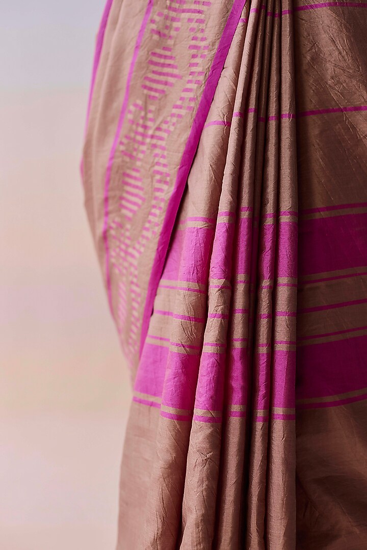 Brown & Pink Handwoven Organza Mulberry Silk Striped Wedding Saree by Surmaye at Pernia's Pop Up Shop