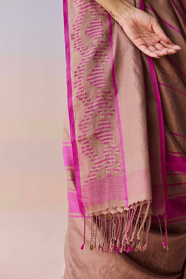 Brown & Pink Handwoven Organza Mulberry Silk Striped Wedding Saree by Surmaye at Pernia's Pop Up Shop