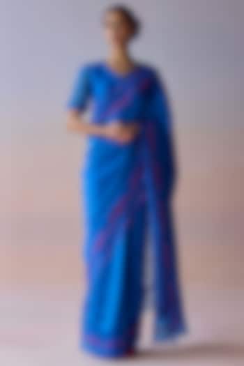 Persian Blue Handwoven Organza Mulberry Silk Embroidered Party Wear Saree by Surmaye at Pernia's Pop Up Shop
