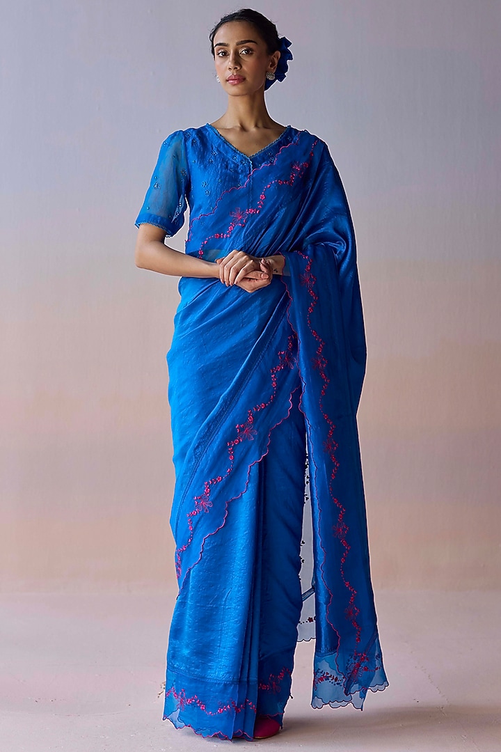 Persian Blue Handwoven Organza Mulberry Silk Embroidered Party Wear Saree by Surmaye at Pernia's Pop Up Shop
