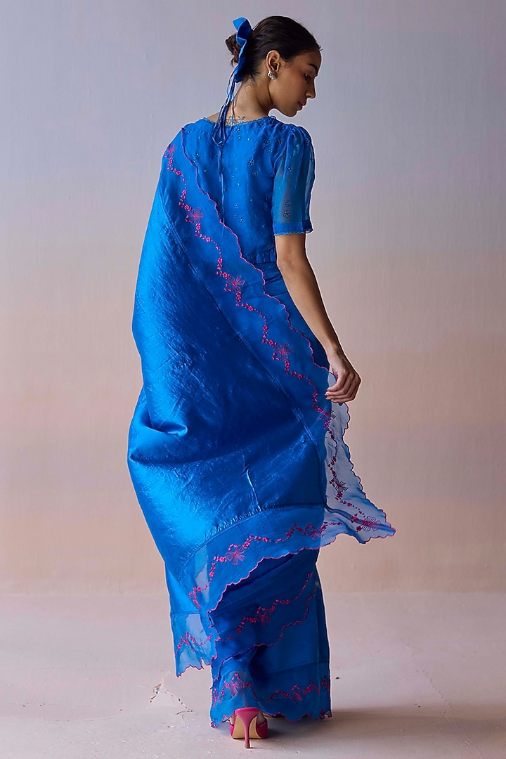 Persian Blue Handwoven Organza Mulberry Silk Embroidered Party Wear Saree by Surmaye at Pernia's Pop Up Shop