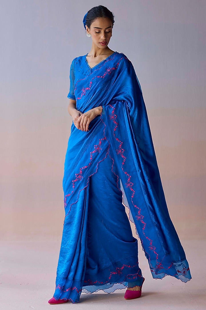Persian Blue Handwoven Organza Mulberry Silk Embroidered Party Wear Saree by Surmaye at Pernia's Pop Up Shop