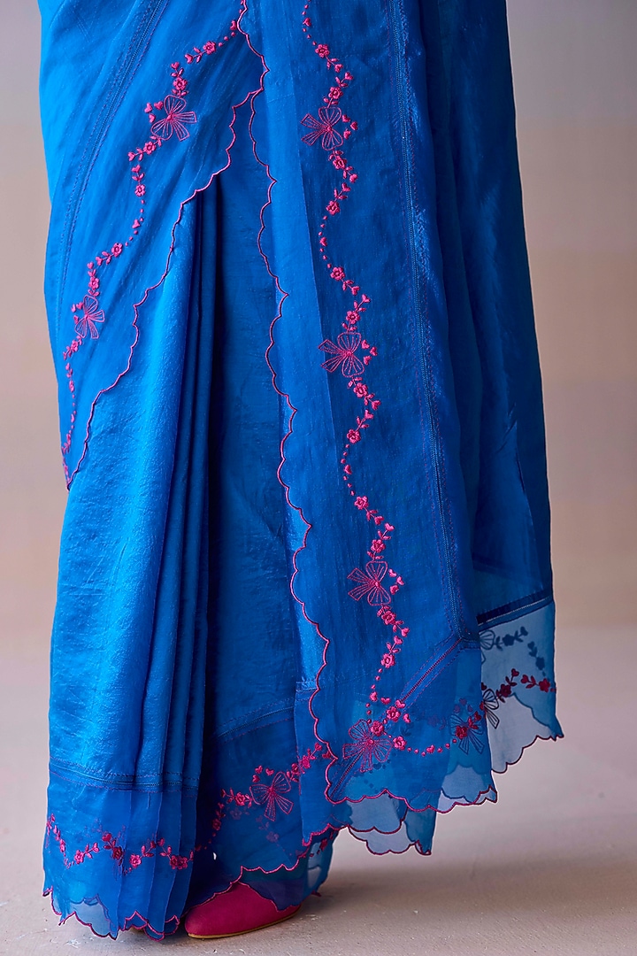 Persian Blue Handwoven Organza Mulberry Silk Embroidered Party Wear Saree by Surmaye at Pernia's Pop Up Shop