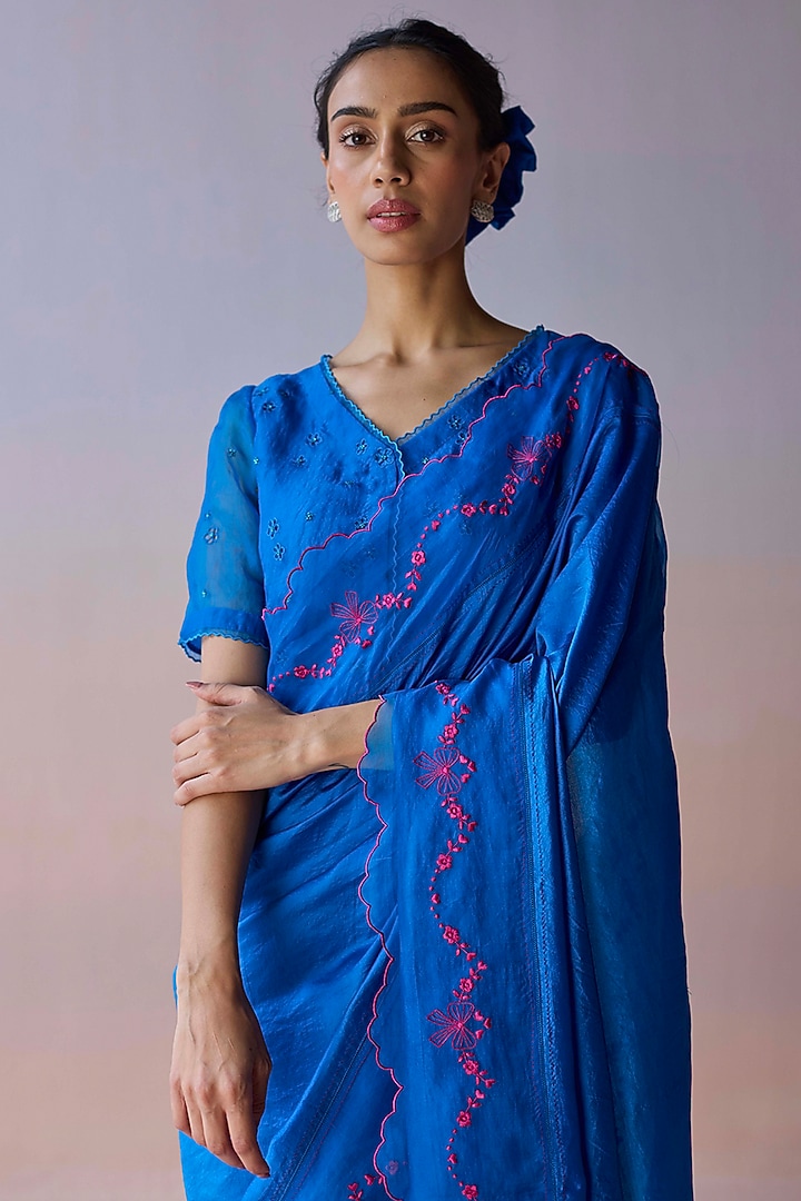 Persian Blue Handwoven Organza Mulberry Silk Embroidered Party Wear Saree by Surmaye at Pernia's Pop Up Shop