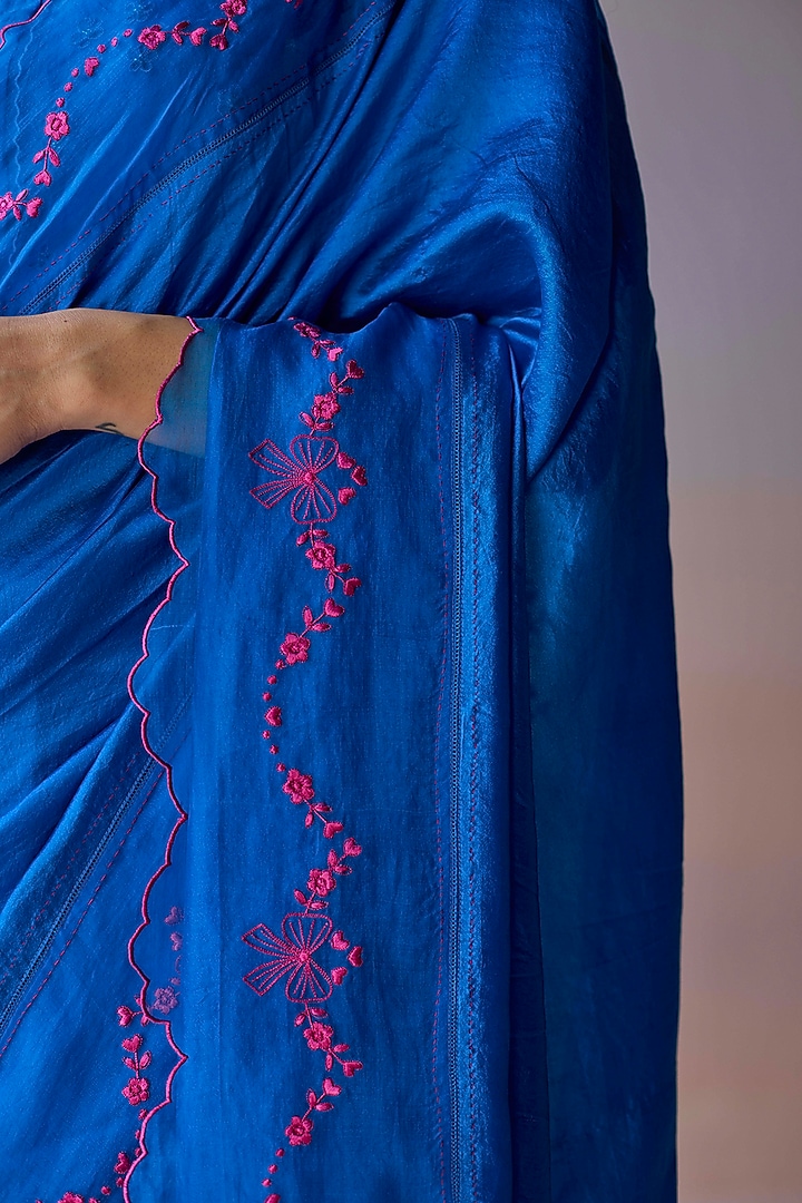 Persian Blue Handwoven Organza Mulberry Silk Embroidered Party Wear Saree by Surmaye at Pernia's Pop Up Shop