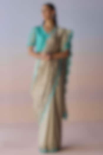 Beige Handwoven Organza Mulberry Silk Hand Embroidered Wedding Saree by Surmaye at Pernia's Pop Up Shop