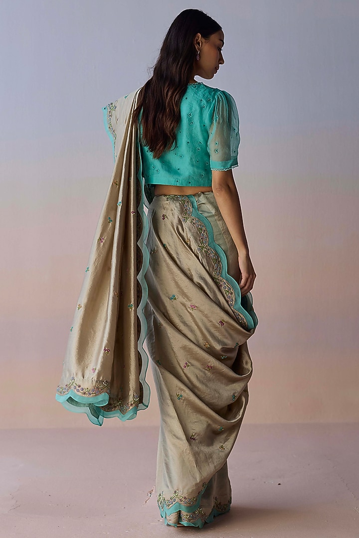 Beige Handwoven Organza Mulberry Silk Hand Embroidered Wedding Saree by Surmaye at Pernia's Pop Up Shop