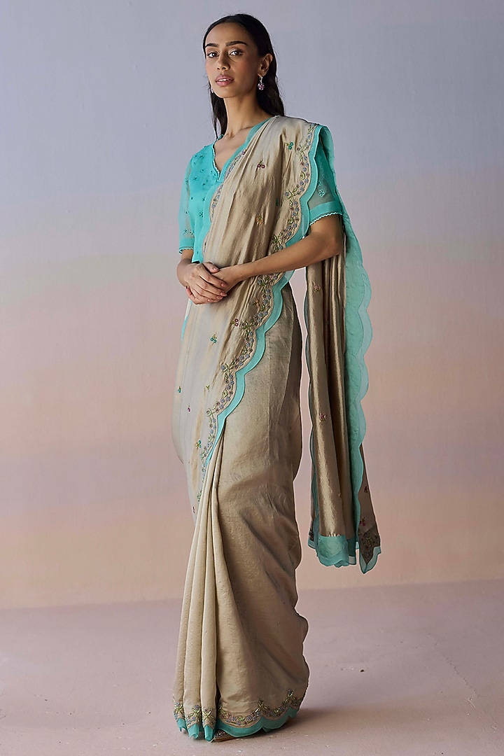 Beige Handwoven Organza Mulberry Silk Hand Embroidered Wedding Saree by Surmaye at Pernia's Pop Up Shop