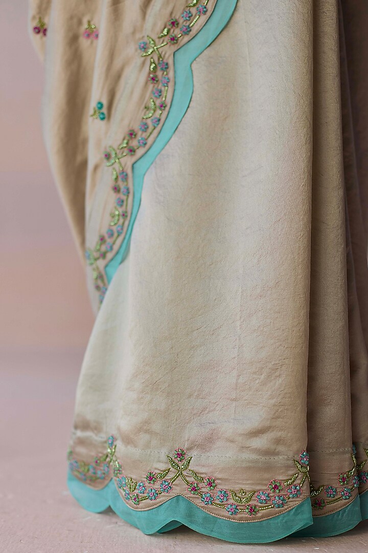 Beige Handwoven Organza Mulberry Silk Hand Embroidered Wedding Saree by Surmaye at Pernia's Pop Up Shop