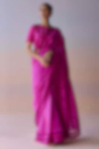Pink Handwoven Organza Mulberry Silk Bead Embroidered Wedding Saree by Surmaye at Pernia's Pop Up Shop