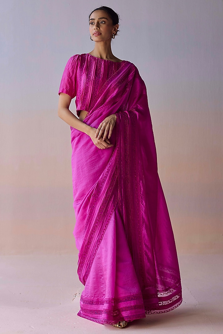 Pink Handwoven Organza Mulberry Silk Bead Embroidered Wedding Saree by Surmaye at Pernia's Pop Up Shop