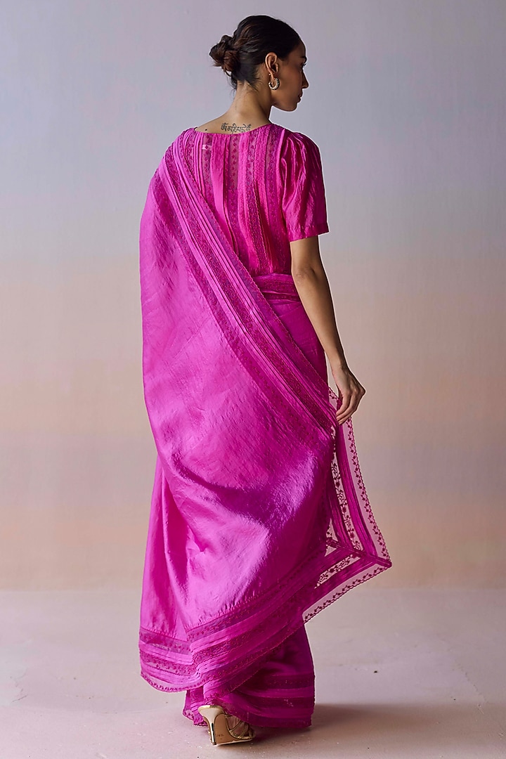 Pink Handwoven Organza Mulberry Silk Bead Embroidered Wedding Saree by Surmaye at Pernia's Pop Up Shop