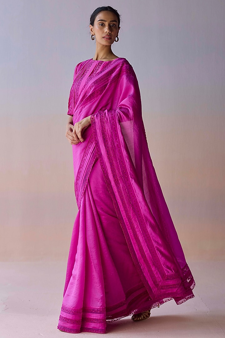 Pink Handwoven Organza Mulberry Silk Bead Embroidered Wedding Saree by Surmaye at Pernia's Pop Up Shop