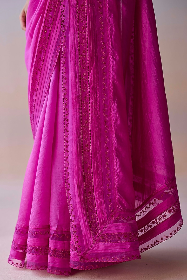 Pink Handwoven Organza Mulberry Silk Bead Embroidered Wedding Saree by Surmaye at Pernia's Pop Up Shop
