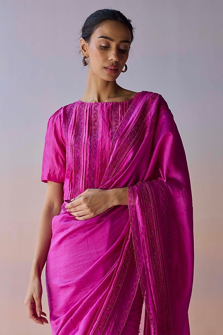 Pink Handwoven Organza Mulberry Silk Bead Embroidered Wedding Saree by Surmaye at Pernia's Pop Up Shop