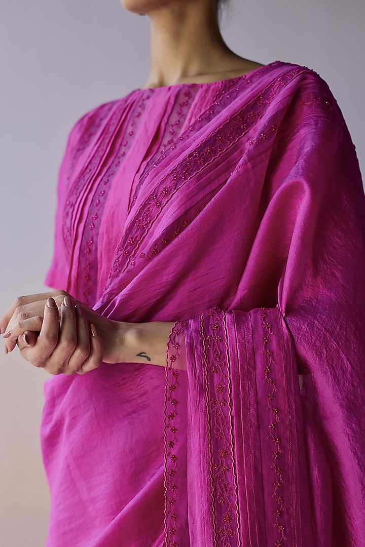 Pink Handwoven Organza Mulberry Silk Bead Embroidered Wedding Saree by Surmaye at Pernia's Pop Up Shop
