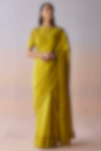 Yellow Handwoven Organza Mulberry Silk Bead Embroidered Wedding Saree by Surmaye at Pernia's Pop Up Shop