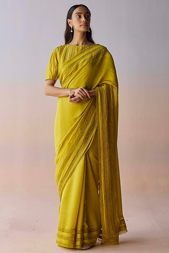 Yellow Handwoven Organza Mulberry Silk Bead Embroidered Wedding Saree by Surmaye at Pernia's Pop Up Shop