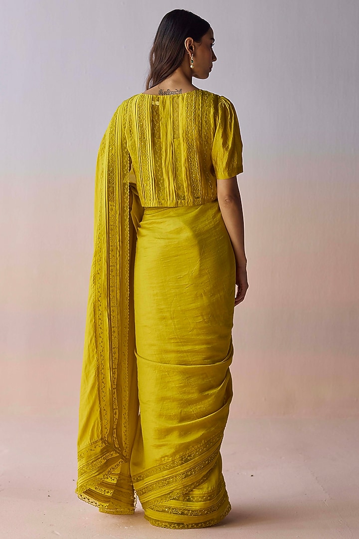 Yellow Handwoven Organza Mulberry Silk Bead Embroidered Wedding Saree by Surmaye at Pernia's Pop Up Shop