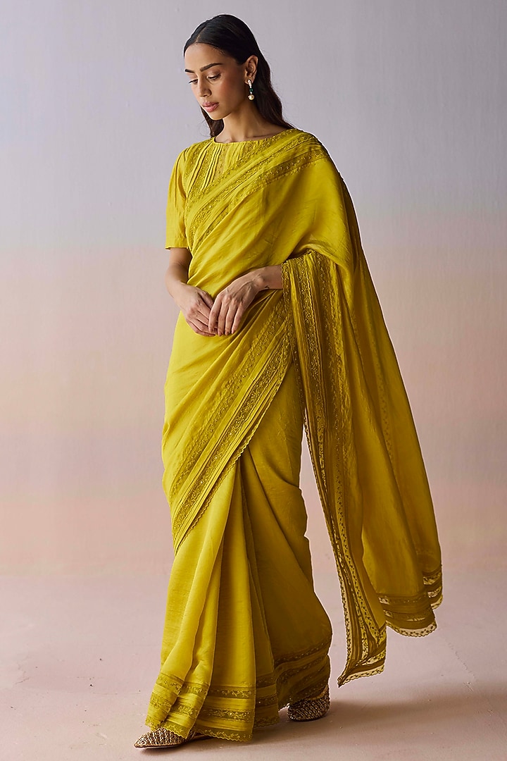 Yellow Handwoven Organza Mulberry Silk Bead Embroidered Wedding Saree by Surmaye at Pernia's Pop Up Shop