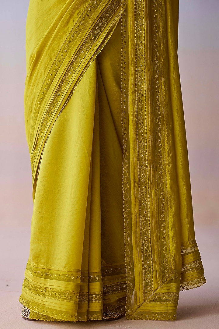 Yellow Handwoven Organza Mulberry Silk Bead Embroidered Wedding Saree by Surmaye at Pernia's Pop Up Shop