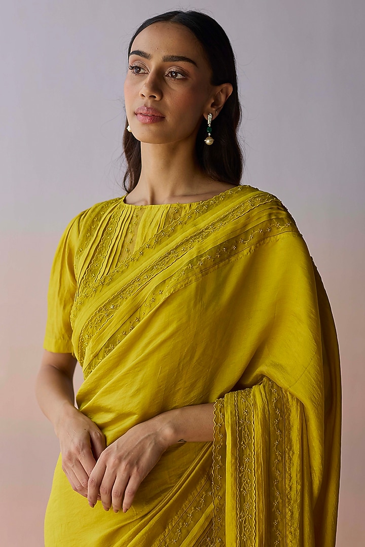 Yellow Handwoven Organza Mulberry Silk Bead Embroidered Wedding Saree by Surmaye at Pernia's Pop Up Shop