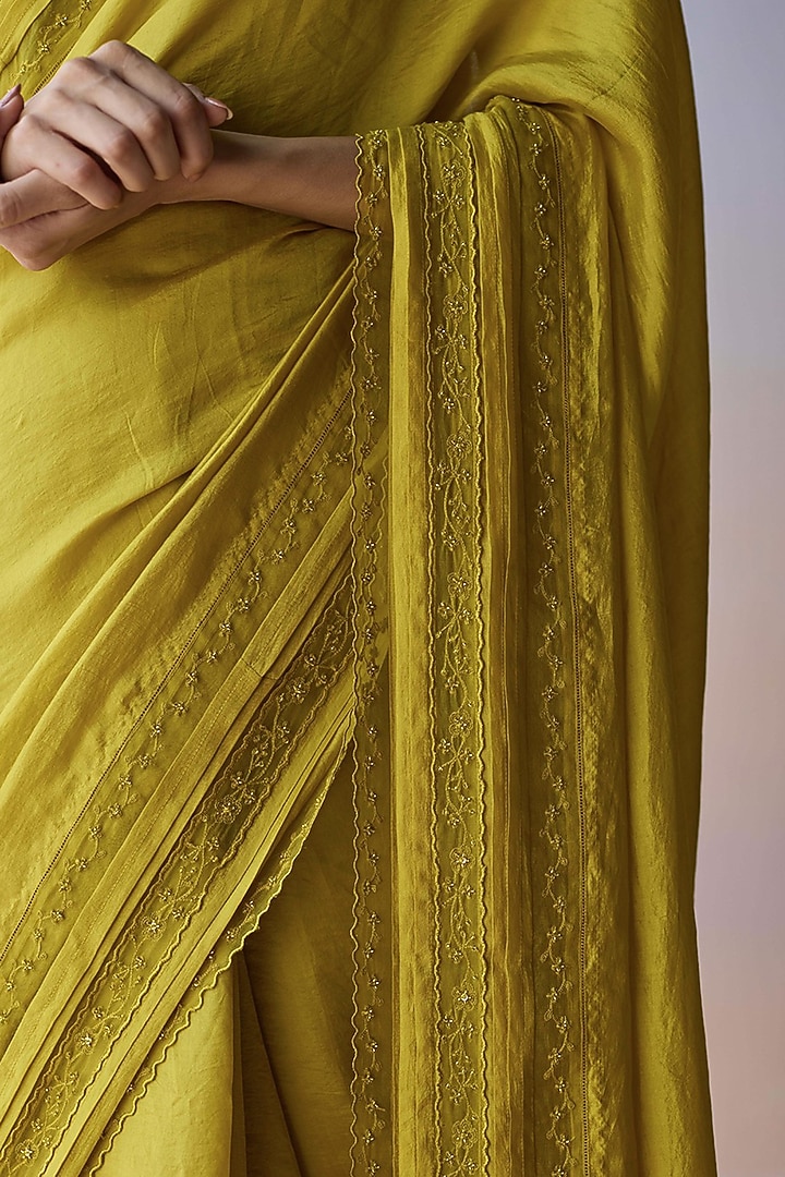 Yellow Handwoven Organza Mulberry Silk Bead Embroidered Wedding Saree by Surmaye at Pernia's Pop Up Shop