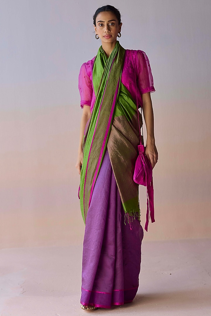 Multi-Colored Handwoven Organza Mulberry Silk Party Wear Saree by Surmaye at Pernia's Pop Up Shop
