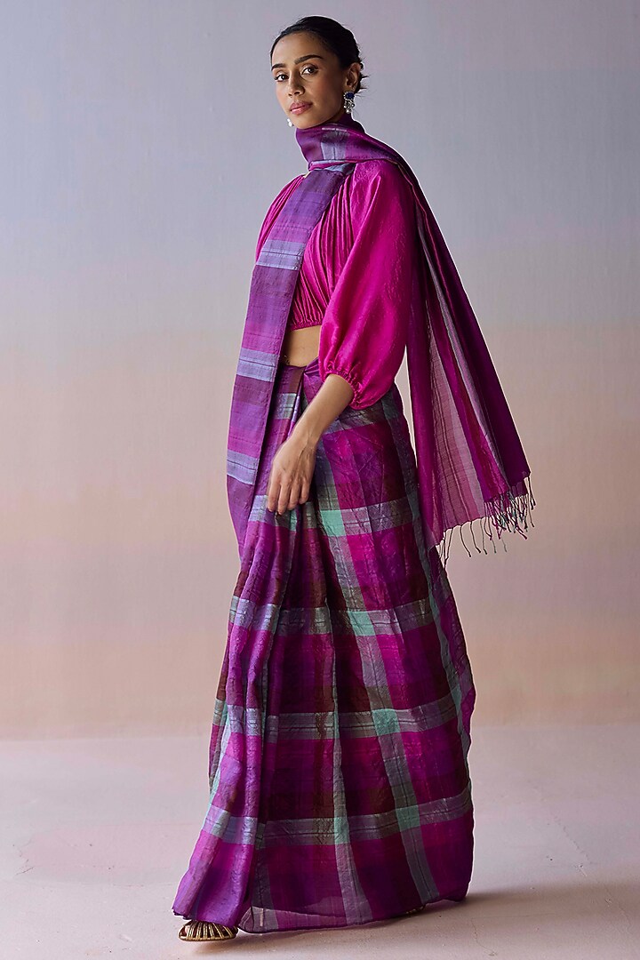 Multi-Colored Handwoven Kota Silk Checkered Party Wear Saree by Surmaye at Pernia's Pop Up Shop