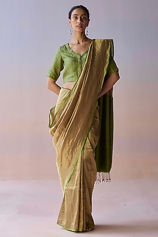 Gold & Green Handwoven Mulberry Silk Zari Saree by Surmaye