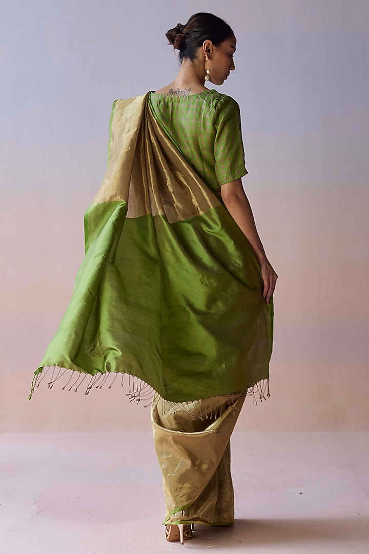 Gold & Green Handwoven Mulberry Silk Zari Party Wear Saree by Surmaye at Pernia's Pop Up Shop