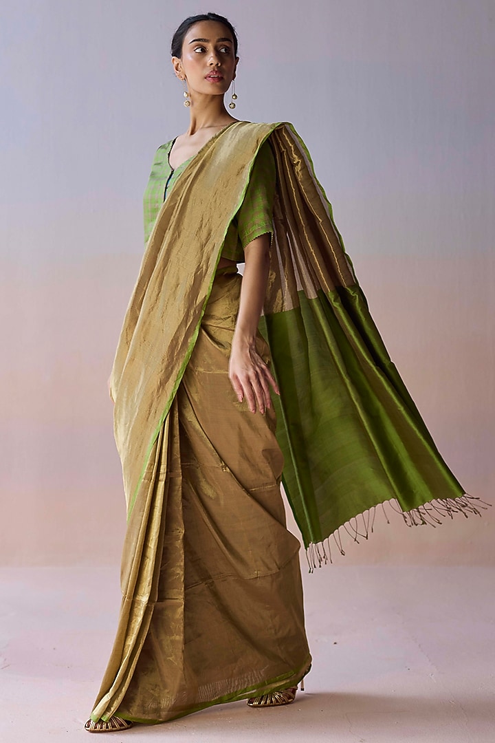 Gold & Green Handwoven Mulberry Silk Zari Party Wear Saree by Surmaye at Pernia's Pop Up Shop