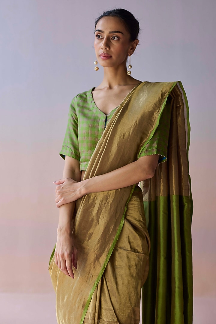 Gold & Green Handwoven Mulberry Silk Zari Party Wear Saree by Surmaye at Pernia's Pop Up Shop