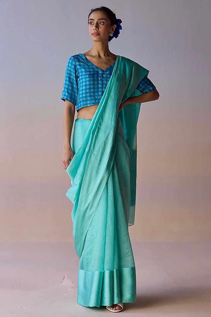 Blue Handwoven Organza Mulberry Silk Party Wear Saree by Surmaye at Pernia's Pop Up Shop