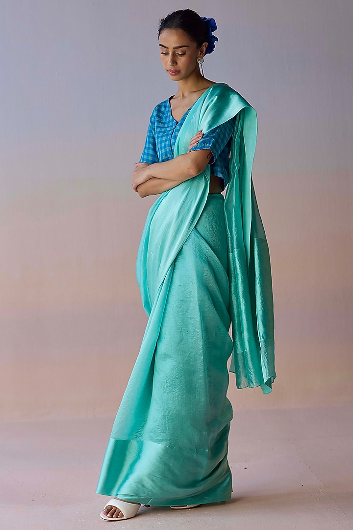 Blue Handwoven Organza Mulberry Silk Party Wear Saree by Surmaye at Pernia's Pop Up Shop