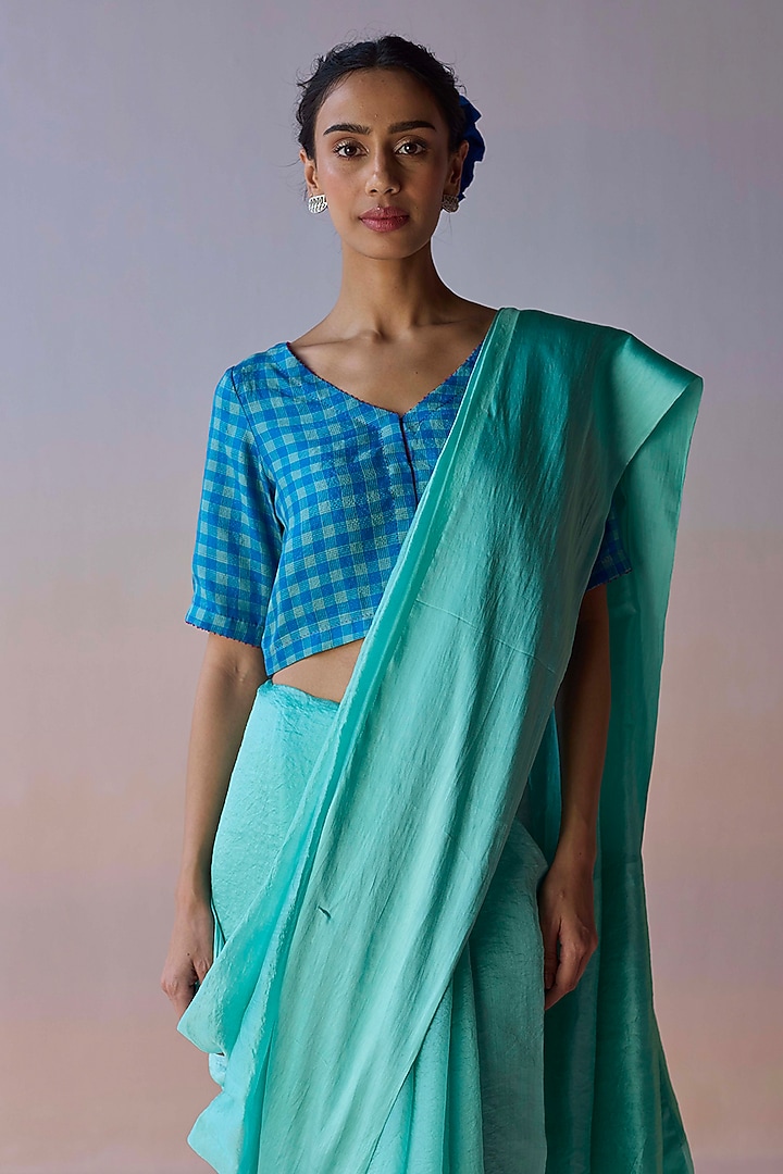 Blue Handwoven Organza Mulberry Silk Party Wear Saree by Surmaye at Pernia's Pop Up Shop