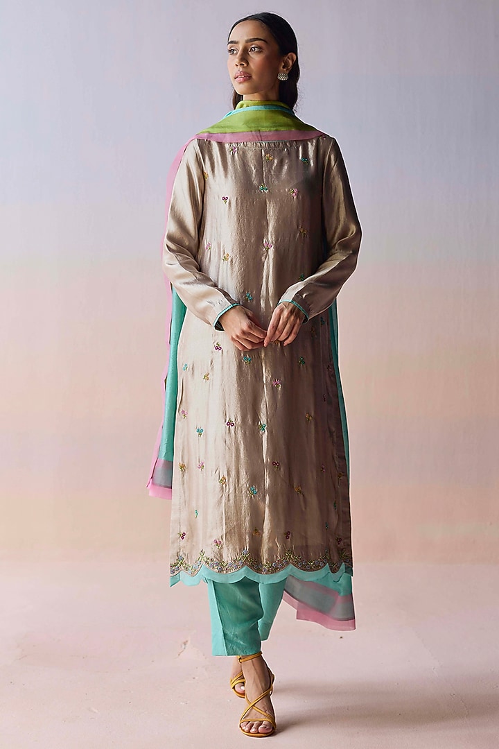 Beige Organza Mulberry Silk Hand Embroidered Kurta Set by Surmaye at Pernia's Pop Up Shop