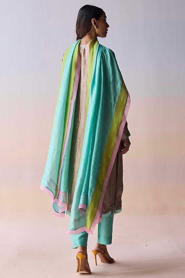 Beige Organza Mulberry Silk Hand Embroidered Kurta Set by Surmaye at Pernia's Pop Up Shop
