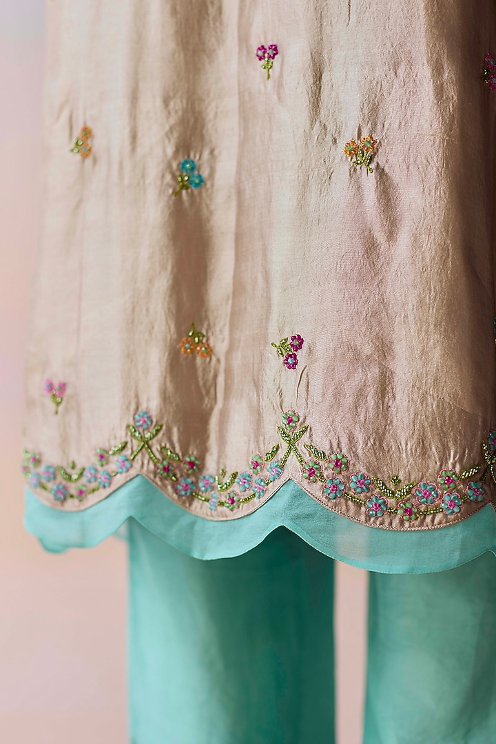 Beige Organza Mulberry Silk Hand Embroidered Kurta Set by Surmaye at Pernia's Pop Up Shop