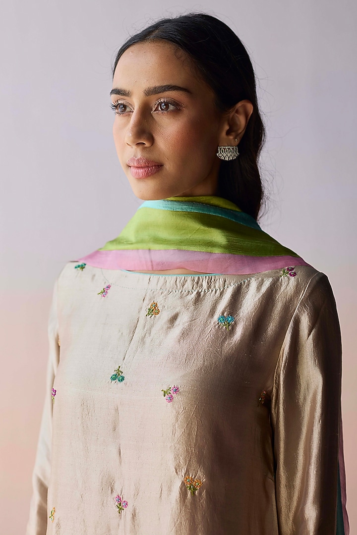 Beige Organza Mulberry Silk Hand Embroidered Kurta Set by Surmaye at Pernia's Pop Up Shop