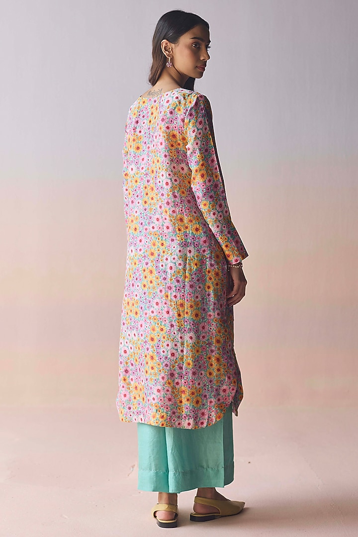 Coral Blue Handspun Malda Silk Floral Printed Kurta Set by Surmaye at Pernia's Pop Up Shop