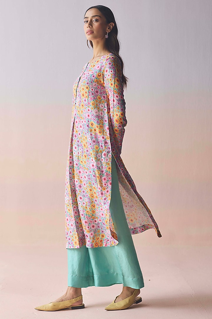 Coral Blue Handspun Malda Silk Floral Printed Kurta Set by Surmaye at Pernia's Pop Up Shop