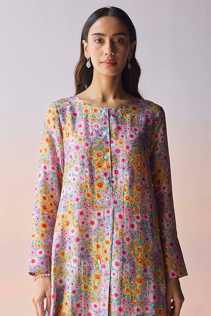 Coral Blue Handspun Malda Silk Floral Printed Kurta Set by Surmaye at Pernia's Pop Up Shop