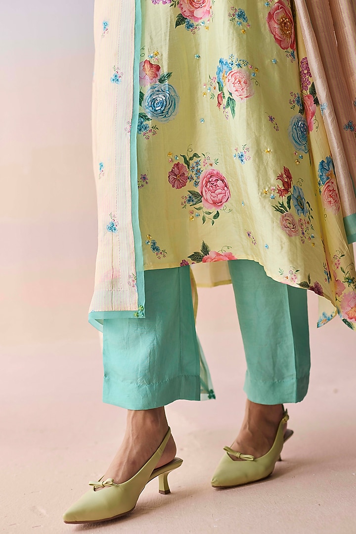 Yellow Handspun Malda Silk Floral Printed Kurta Set by Surmaye at Pernia's Pop Up Shop