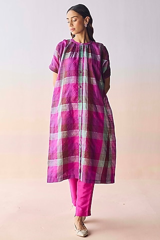 Multi-Colored Handwoven Kota Silk Checkered Kurta Set by Surmaye