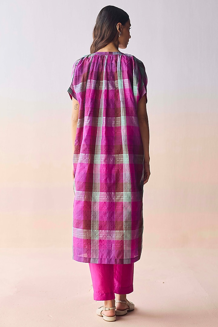 Multi-Colored Handwoven Kota Silk Checkered Kurta Set by Surmaye at Pernia's Pop Up Shop